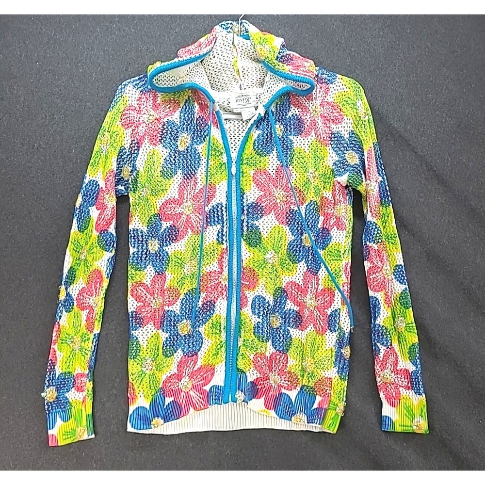Just B Sequin Floral‎ Cardigan Hoodie Mesh Sweater Rhinestone Zipper Sz M